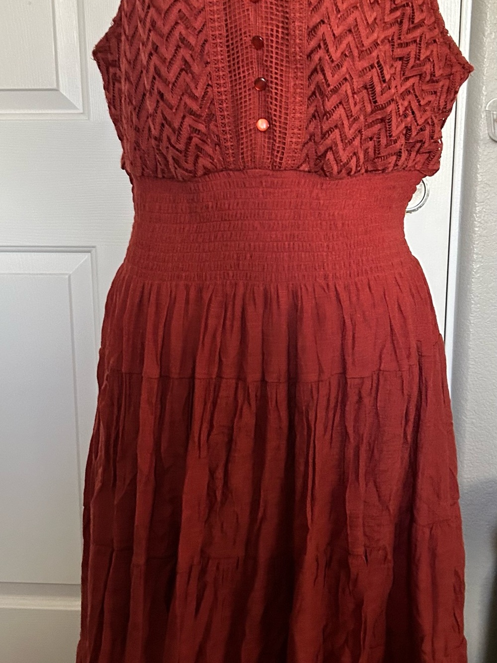 Sleeveless Smocked Waist Maxi Dress in Rust Red